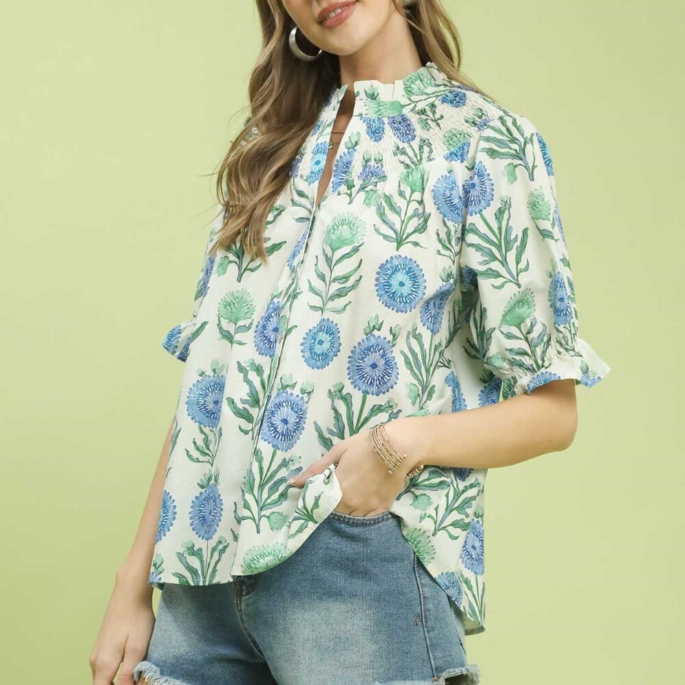 Umgee Floral‎ Button-Front Short Sleeve Top - Picture 2 of 5